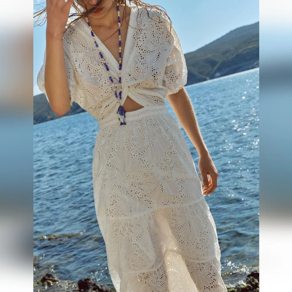 Zara Perforated Knotted Embroidered Dress